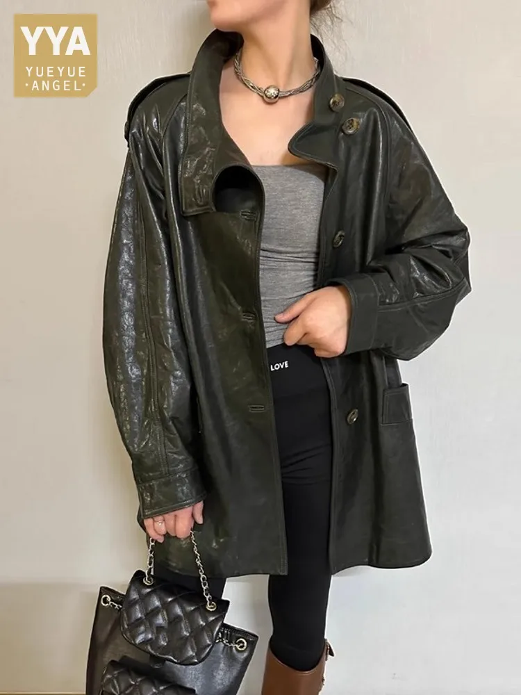 Herbst Frauen Öl Wachs Schaffell Stehkragen einreihig locker sitzen lange Trenchcoat Freund Stil echte Lederjacke