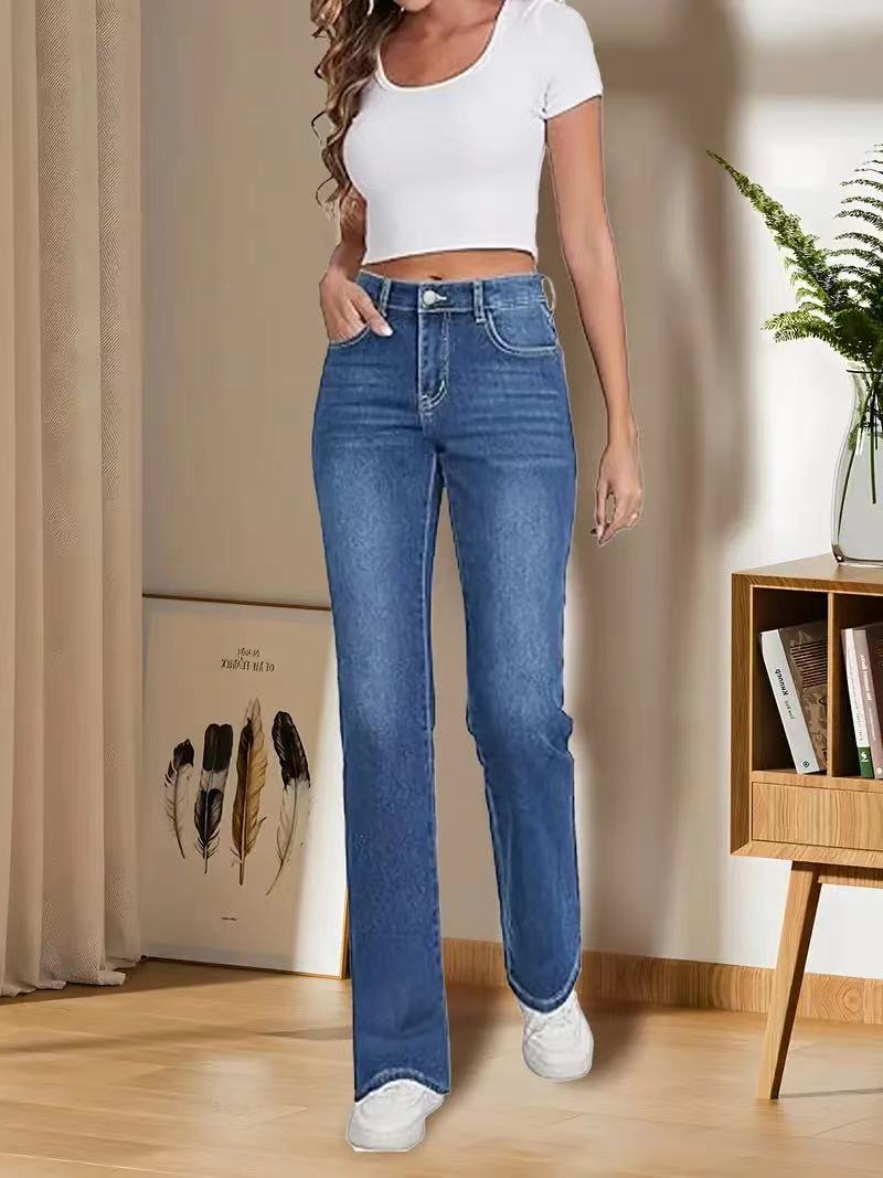 Pantalones vaqueros elásticos de felpa para mujer, Pantalones rectos cálidos, invierno, nuevo