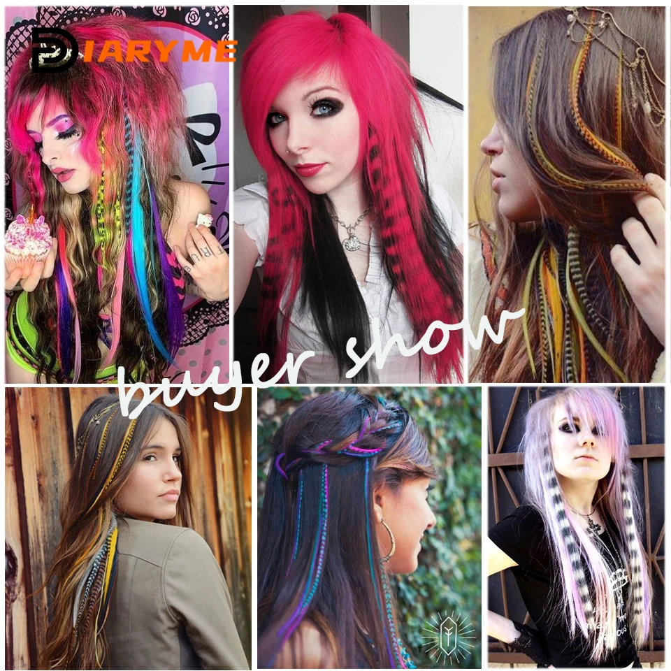 Extensão de cabelo sintético com uma cartão, peruca longa e reta com prendedor colorido de linha zebra, extensões de cabelo de penas, cabelo falso