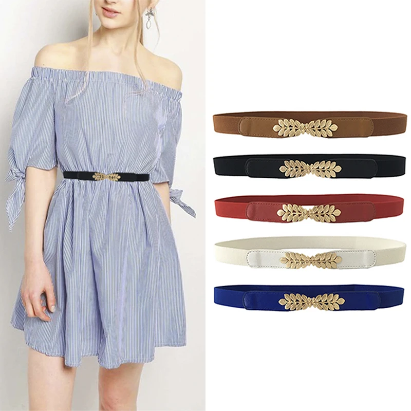 Mode Blad Taillebanden Rekbare Dame Hot Elastische Cummerbunds Voor Vrouwen Donkerblauwe Riem Jurk Goud Dubbele Metalen Gesp Tailleband