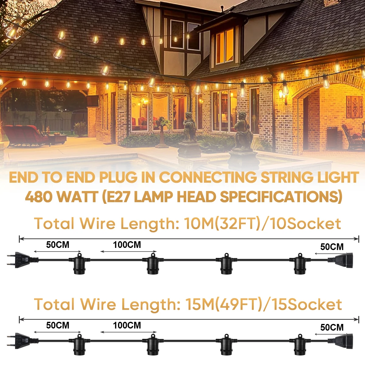 E27 Outdoor String Light Stringer E26 Light Socket Stringer EU Set Spool Black Lights String Wedding Patio Event Lighting Decor