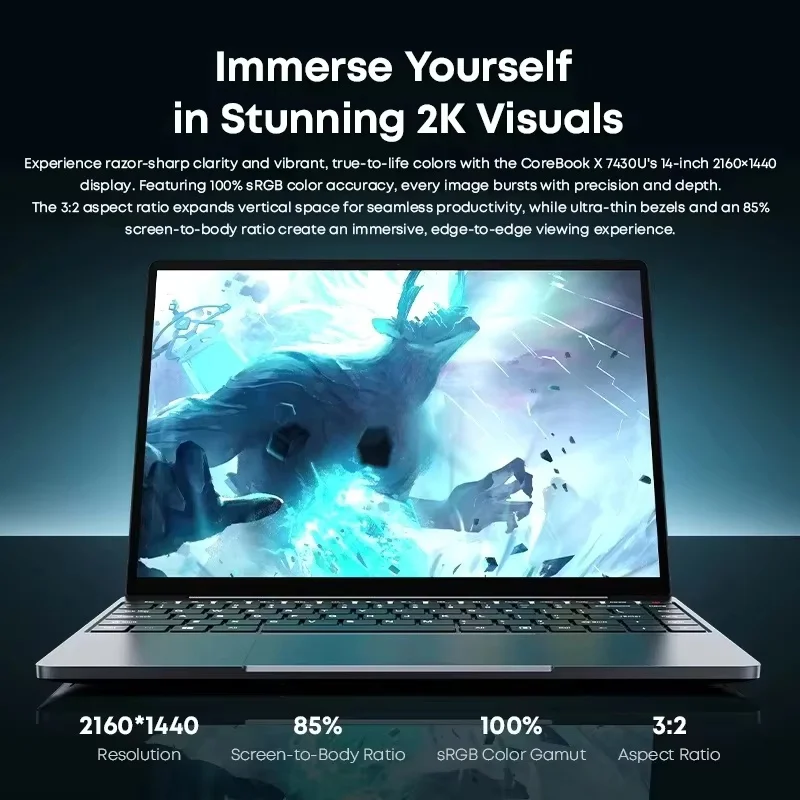 CHUWI CoreBook X Gaming Laptop 14.1 inch 2K IPS Screen AMD R5-7430U 16GB DDR4 RAM 512GB SSD Windows 11 Wifi6 Notebook Computer