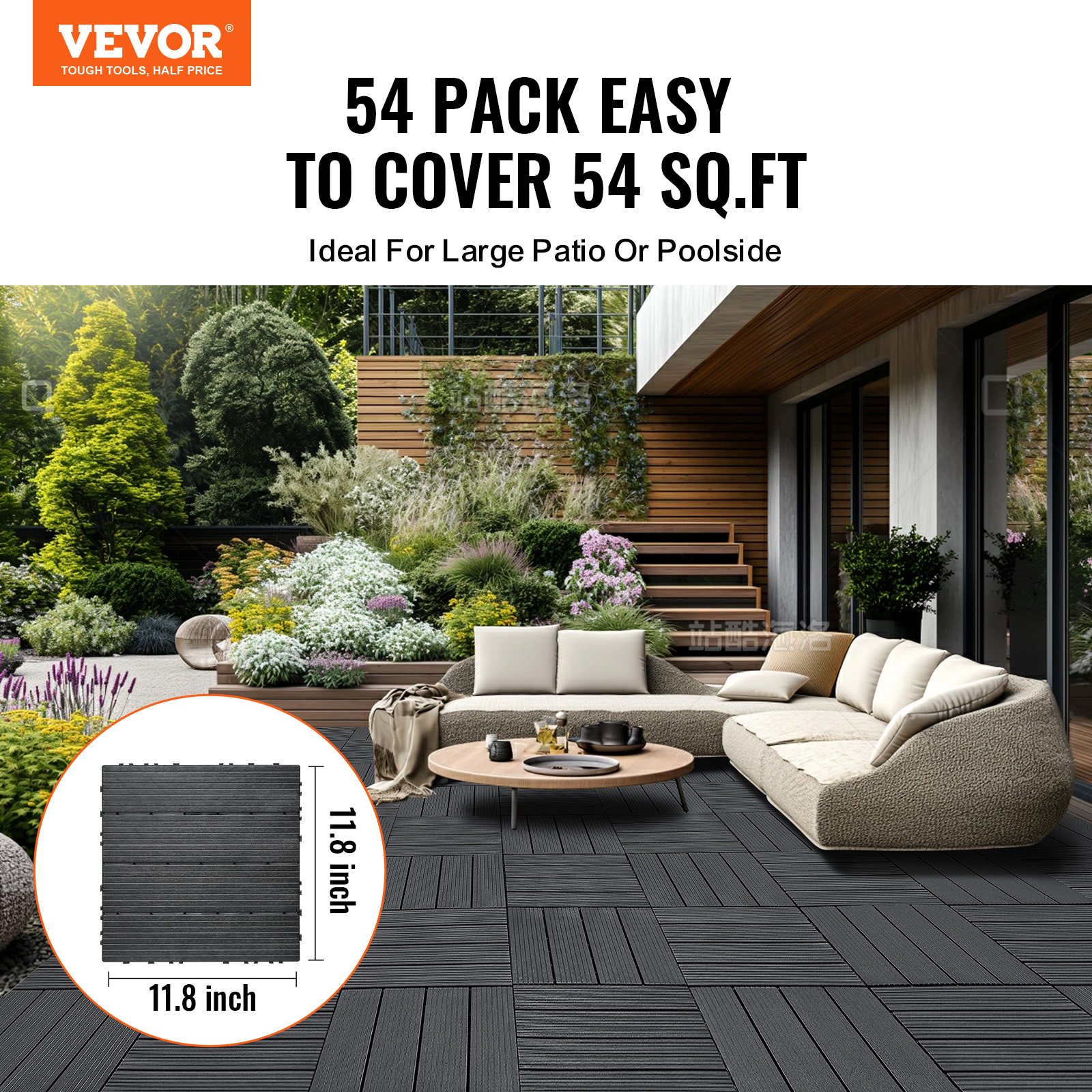 VEVOR Interlocking Deck Tiles 12x12in Plastic Waterproof Outdoor Flooring Decking Covering Tiles for Porch/Balcony/Backyard