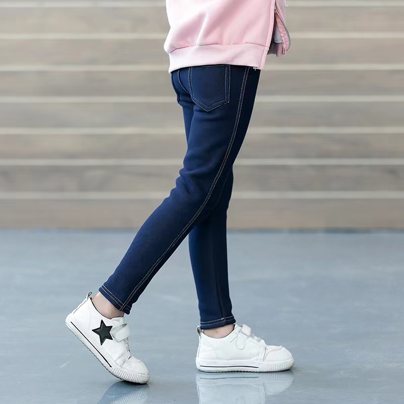 Meisjes Winter Cowboy Denim Lange Broek Kinderen Dikker Warme Bootcuts Magere Dikke Legging Met Fleece Elastische Taille Broek