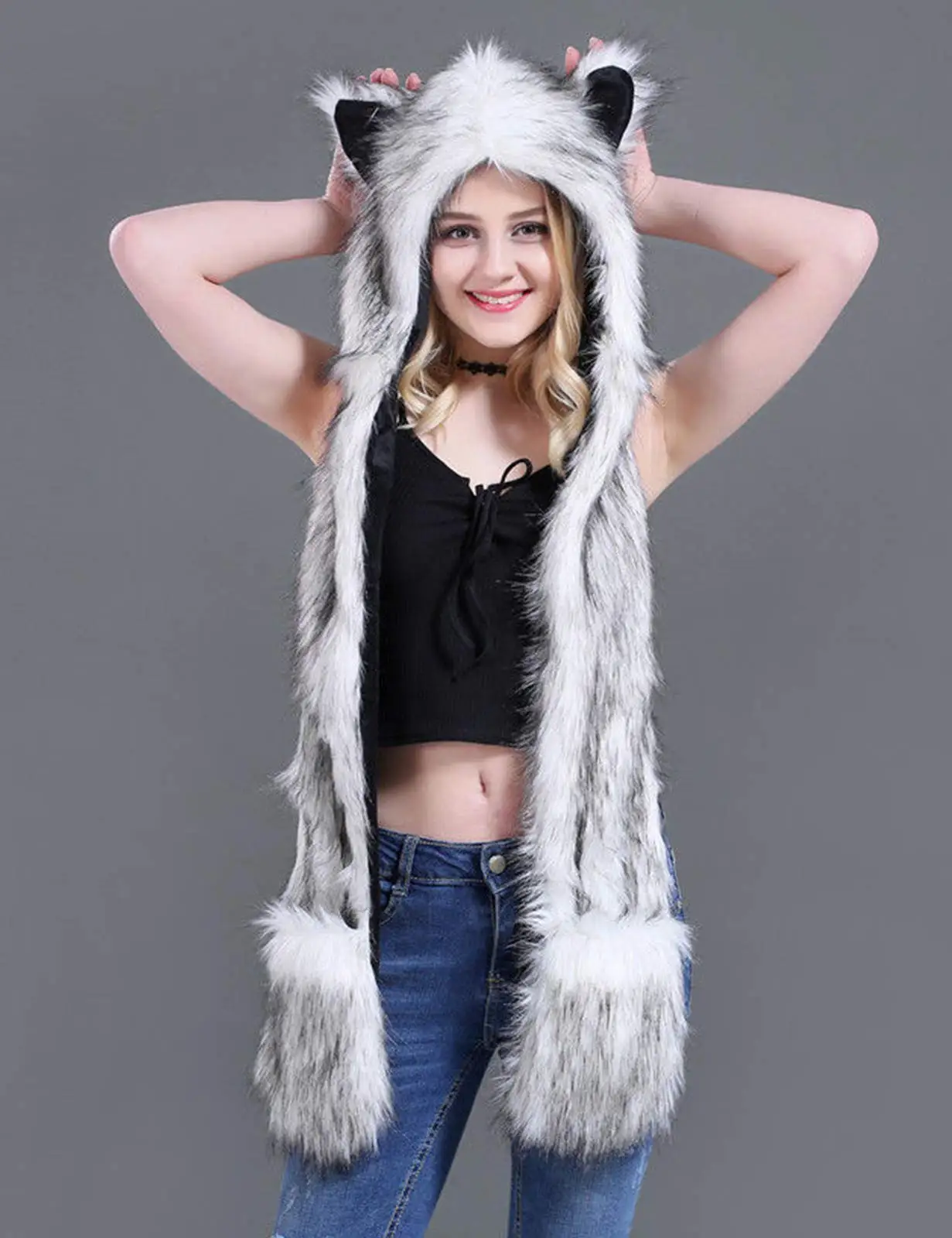 Neve lobo, capa de pele do falso chapéu animal orelha luvas 3 in1 velo com capuz de pelúcia quente earmuff warcraft boné com cachecol luvas