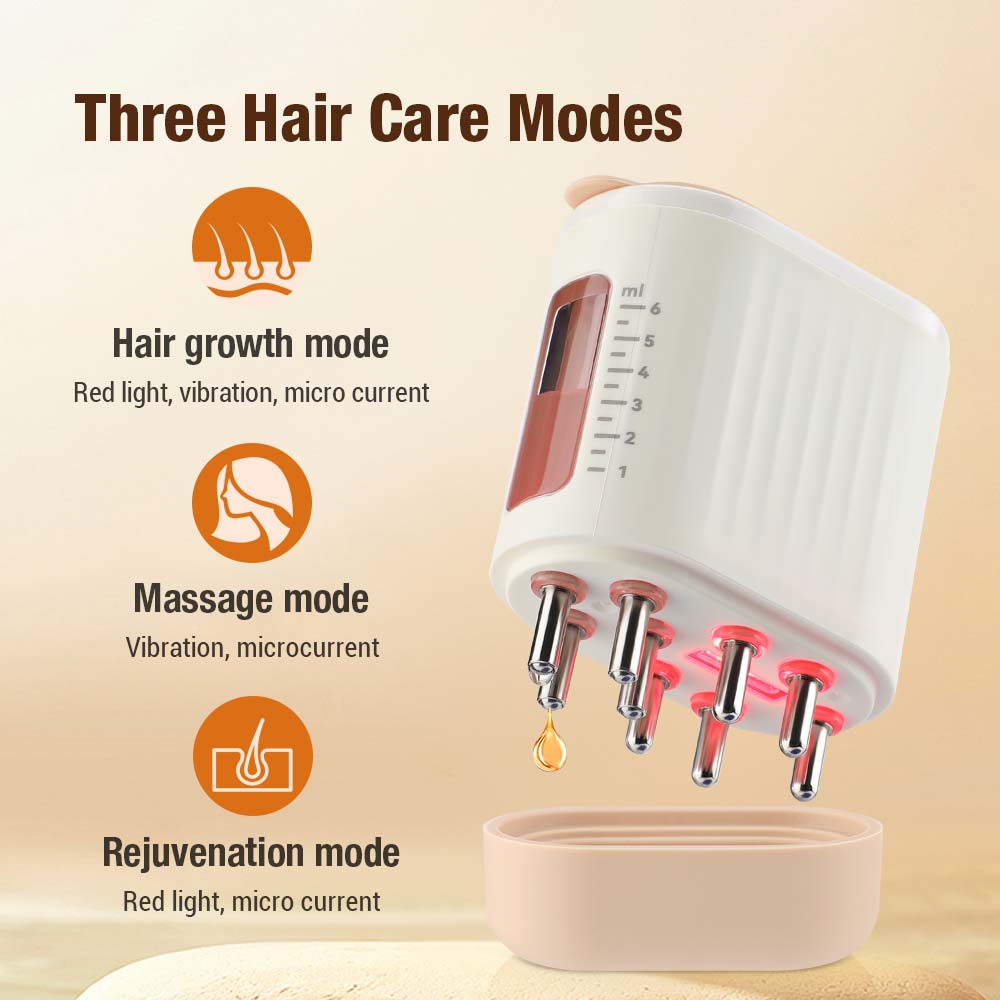 Microcurrent หัวนวดหนังศีรษะ 625nm LED Light Therapy การสั่นสะเทือนนวดหวียา Liquid Oil Applicator Hair Growth หวี