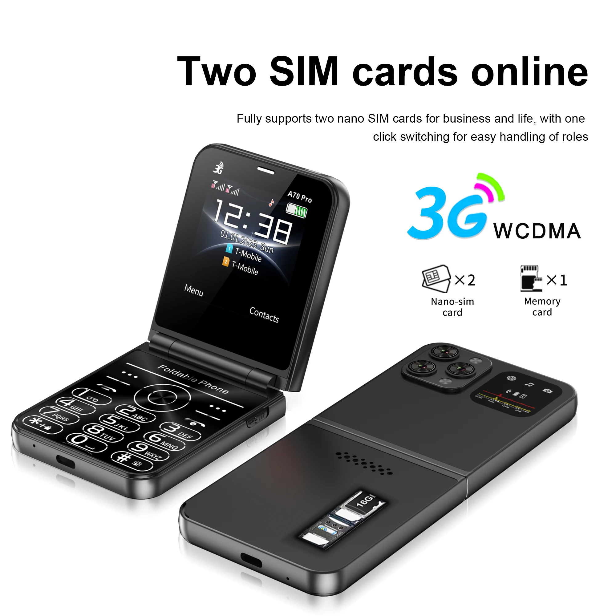 SERVO A70 Pro 3G Netwerk Opvouwbare telefoon Snelheidsknop Oproepopname FM-radio Zaklamp Sleutel 2,6 "Scherm Flip-telefoons 2 SIM Stand-by