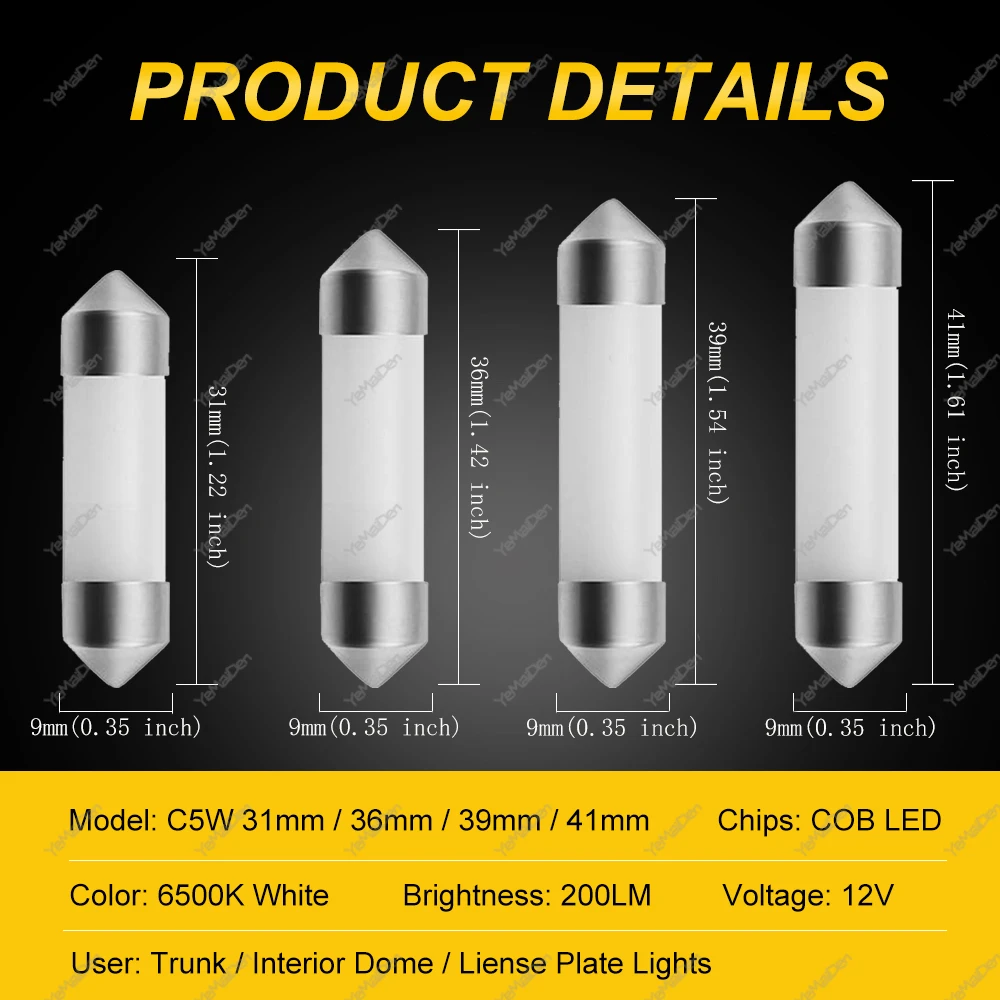 1 Miếng C5W Bóng Đèn LED Festoon 31Mm 36Mm 39Mm 41Mm C10W COB 12V 6500K trắng Nội Thất Ô Tô Đọc Sách Thân Cây Biển Đèn