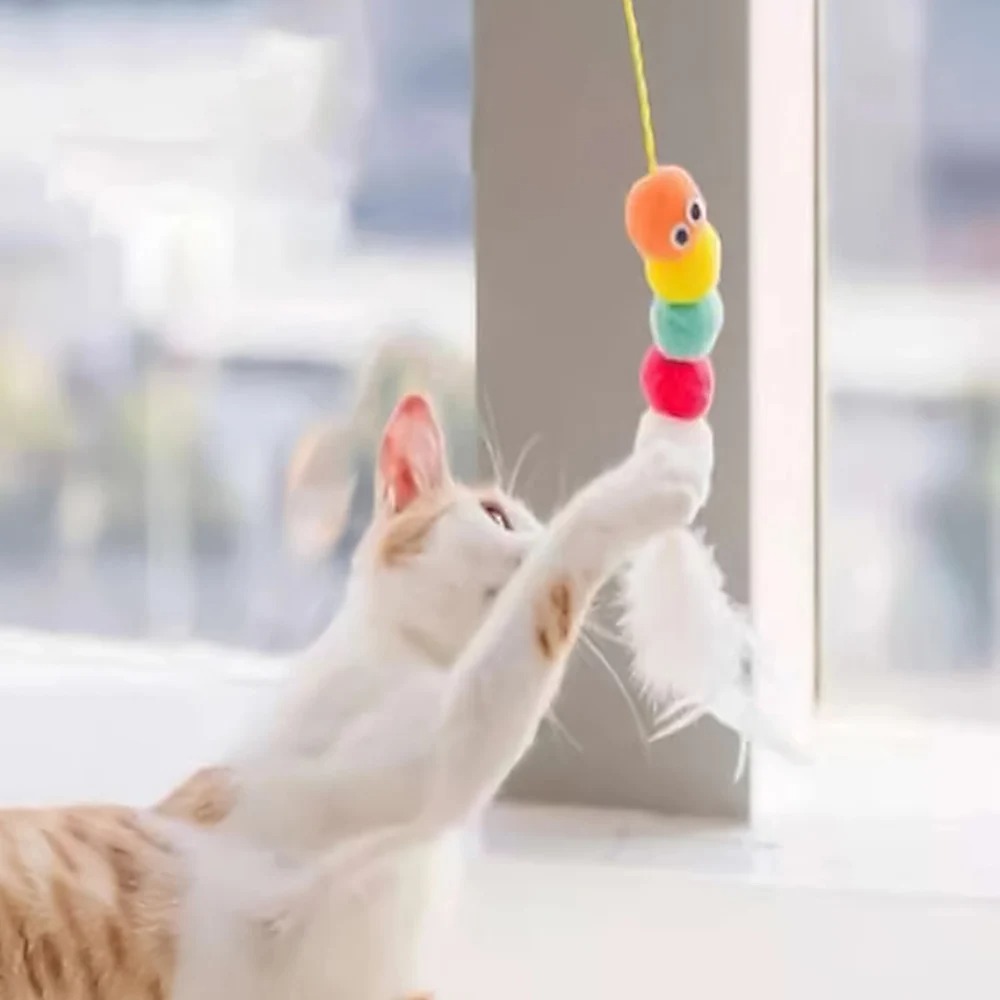 Feather Ball Caterpillar Cat Toy, Pet Self Hi Toy, Hanging Retractable Rope Sound Toy