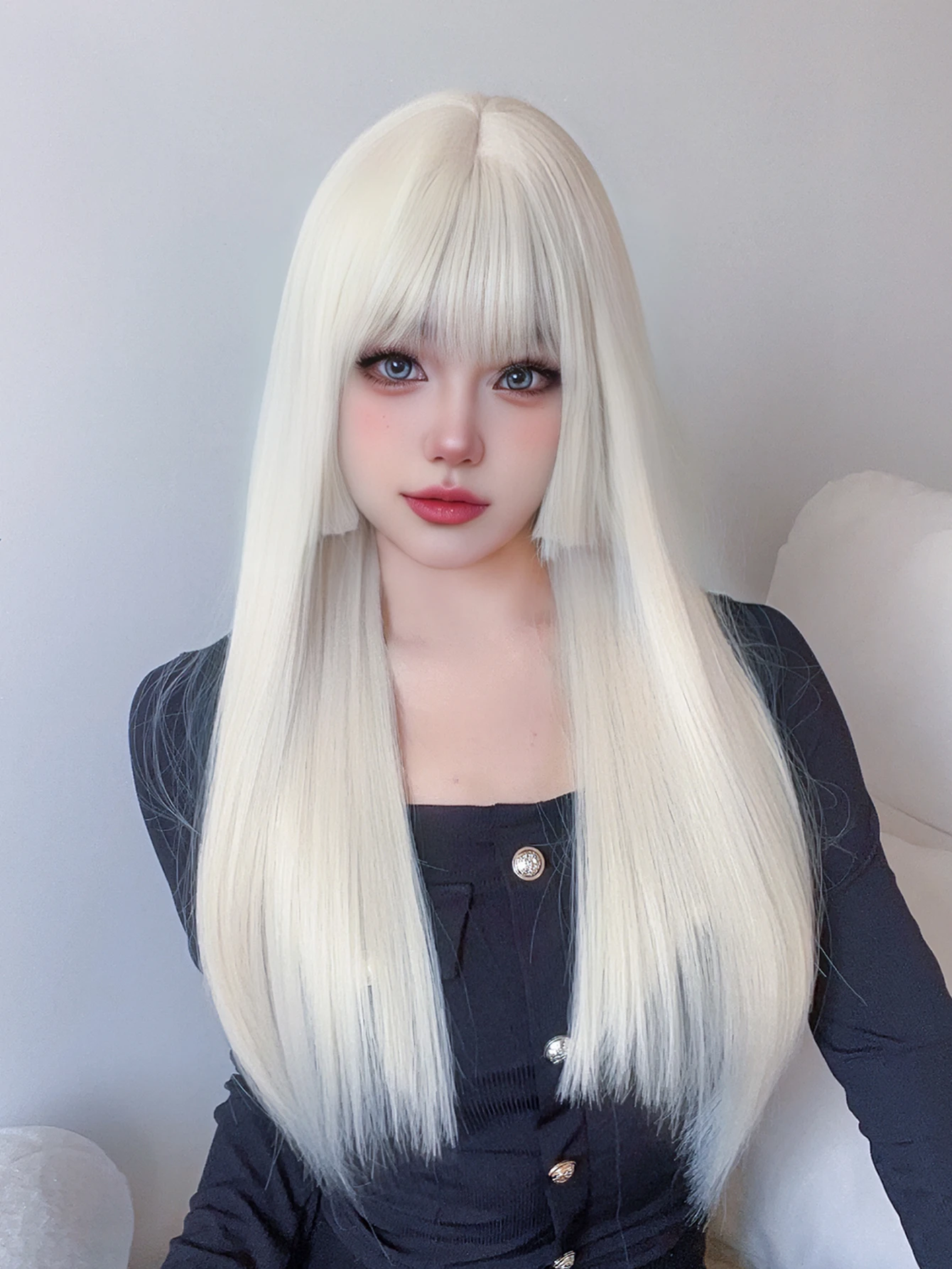 Lolita-Peluca de cabello sintético para mujer, cabellera artificial con flequillo largo y liso, color blanco y Rubio, 26 pulgadas, resistente al calor