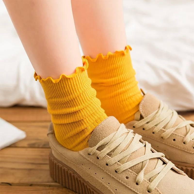 Calcetines apilables de algodón para mujer, media pantorrilla, color sólido, ribete con volantes, estilo vintage, calcetines casuales para todas las estaciones, EU 35-40 (1 3 5 pares)