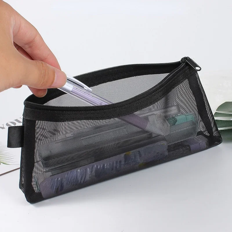 Grau Schwarz Make-Up Fall Große Kapazität Mesh Transparent Kosmetik Pinsel Taschen Studenten Einfarbig Zipper Nylon Federmäppchen