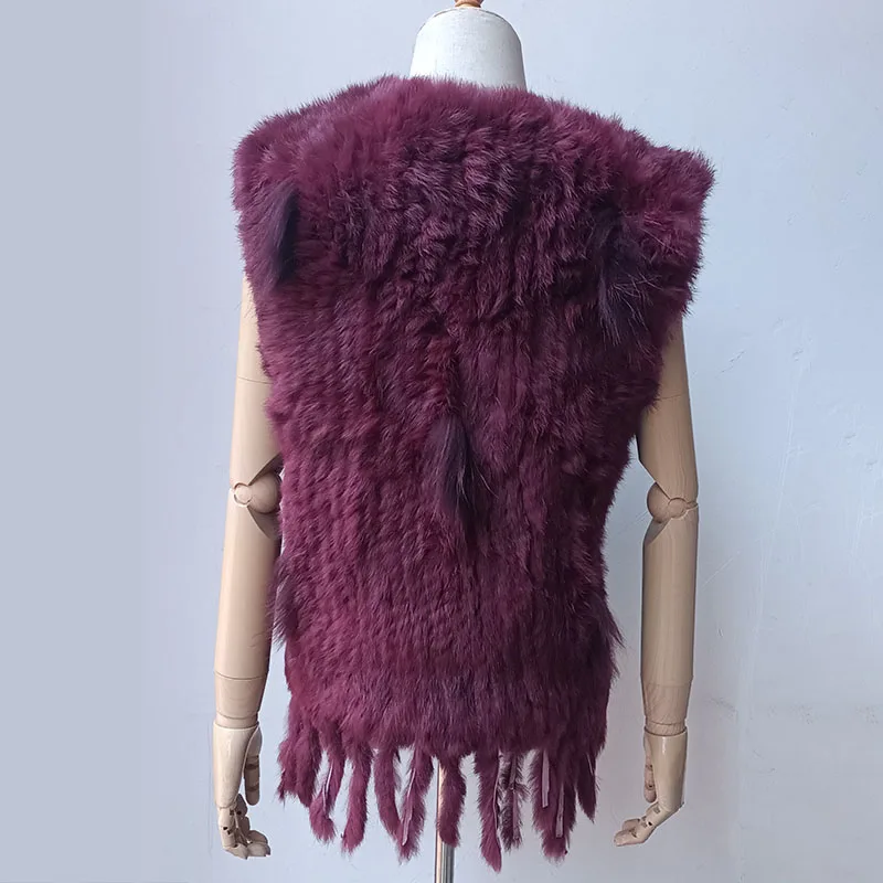 2024 neue Frauen Burgunder gestrickte Echtpelz Weste mit Quaste V-Ausschnitt flauschige Echtpelz Weste heißer Verkauf natürliche Kaninchen Weste