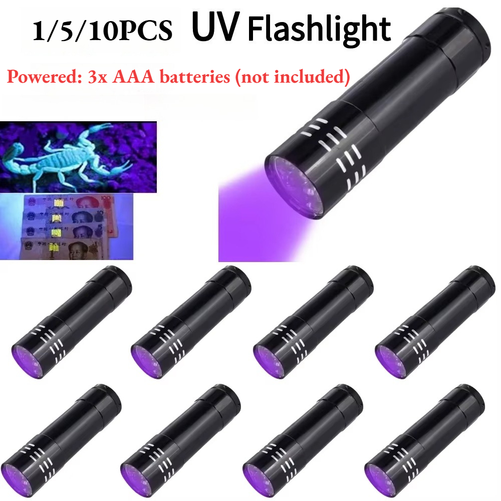 1/5/10PCS Mini UV Flashlight 9 LED UV Black Light 50LM 395nm Detection Light Outdoor Portable Lighting Tool for Hiking