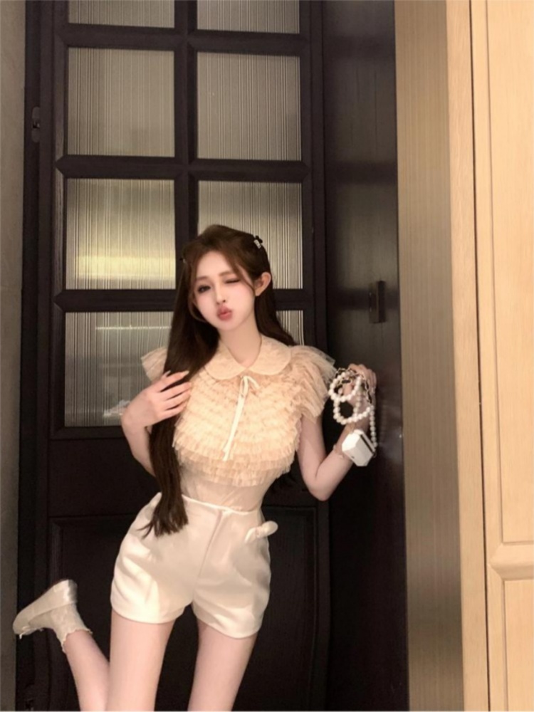 Csa de Chiffon Slim Fit de Manga Curta Moda Fena Estilo Novo de Outono com Laço Borboleta e Gola Reversível