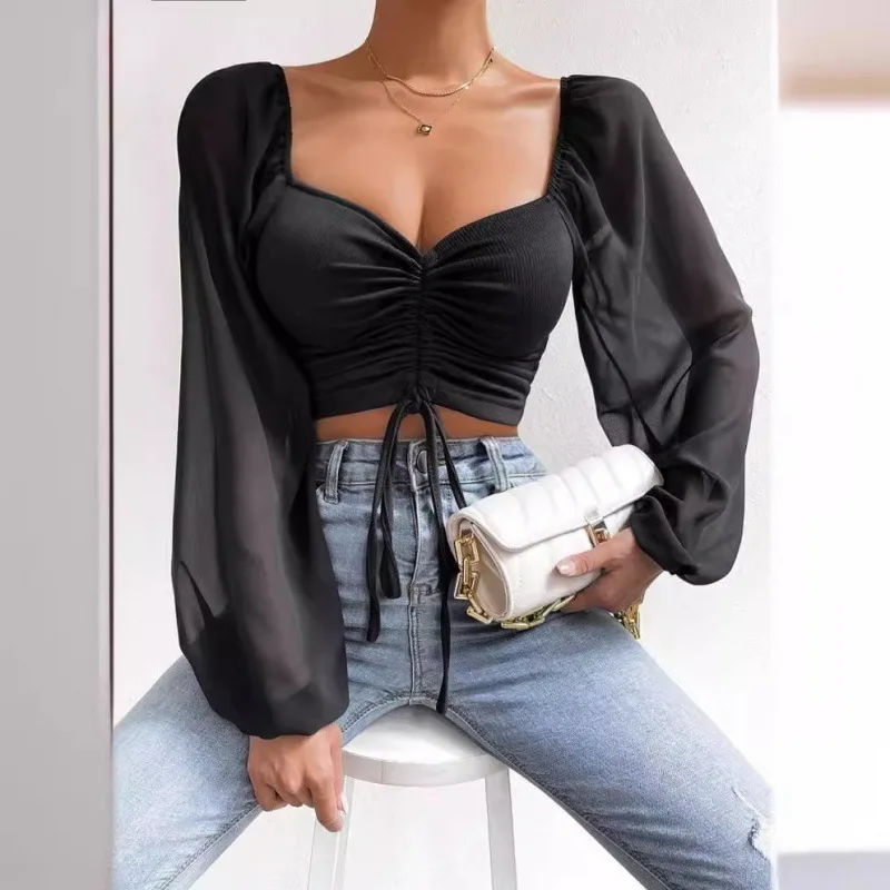 Frauen Frühling Herbst Lange Puff Sleeve Tops Tees Lose Chiffon Stricken Tiefem V-ausschnitt T-shirts Fashion Solid Casual Raffen T shirts