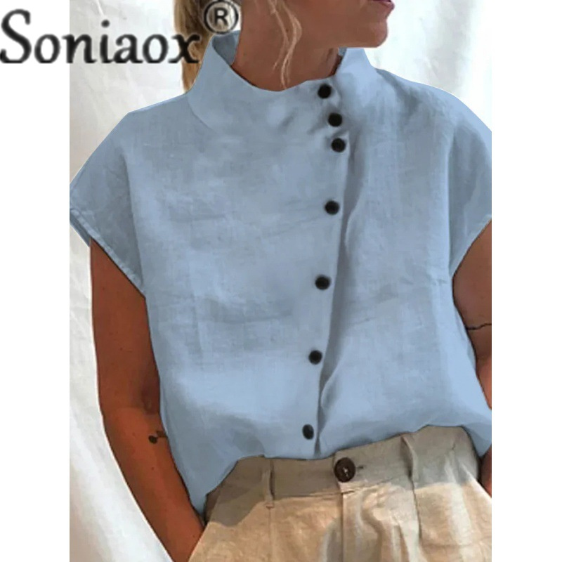 Elegante algodão linho gola camisa feminina 2023 verão estilo simples único breasted cardigan topos feminino casual blusa solta