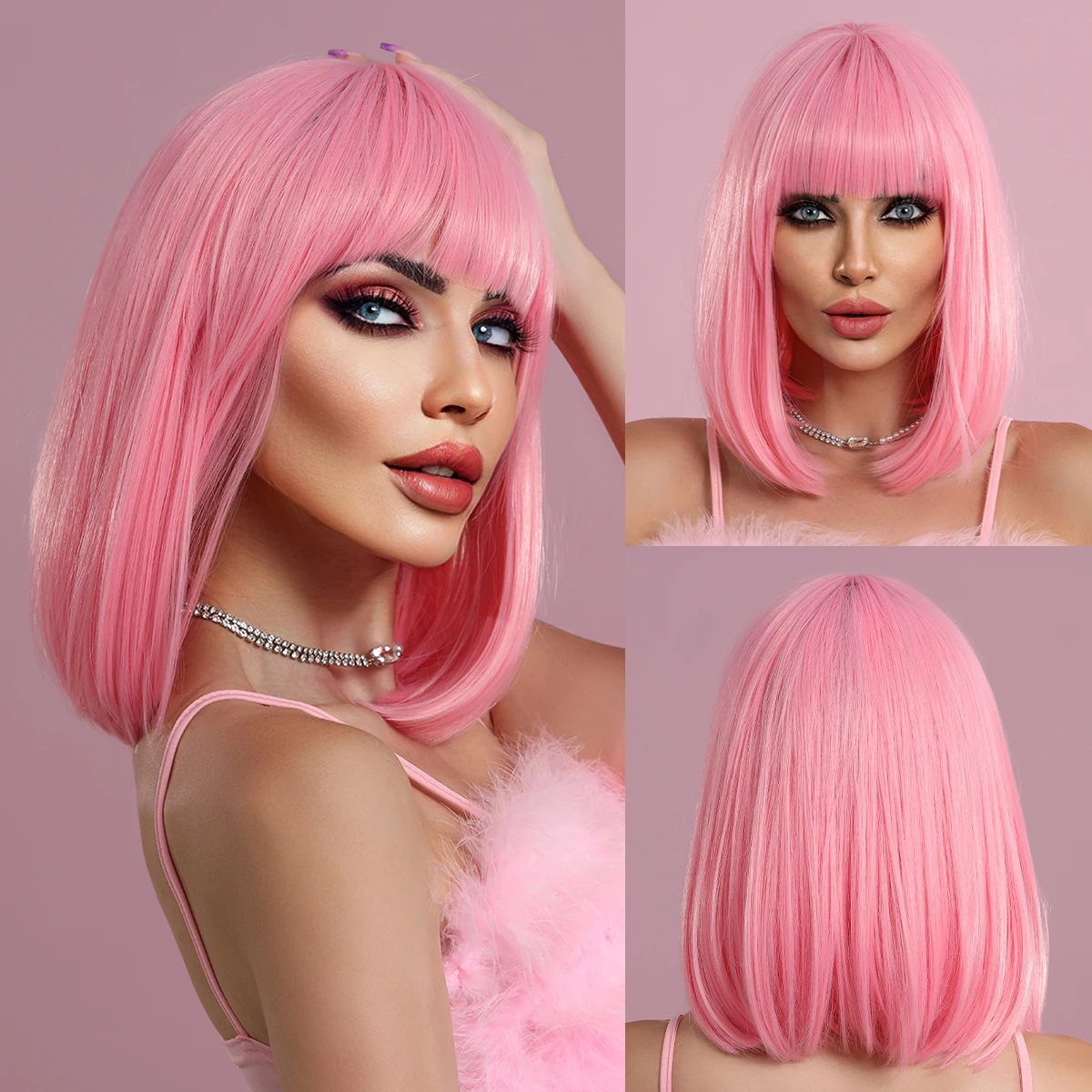 NAMM peluca Rosa recta corta para mujer, Cosplay de fiesta diaria, peluca Lolita, peluca Bob sintética Natural con flequillo, fibra resistente al calor