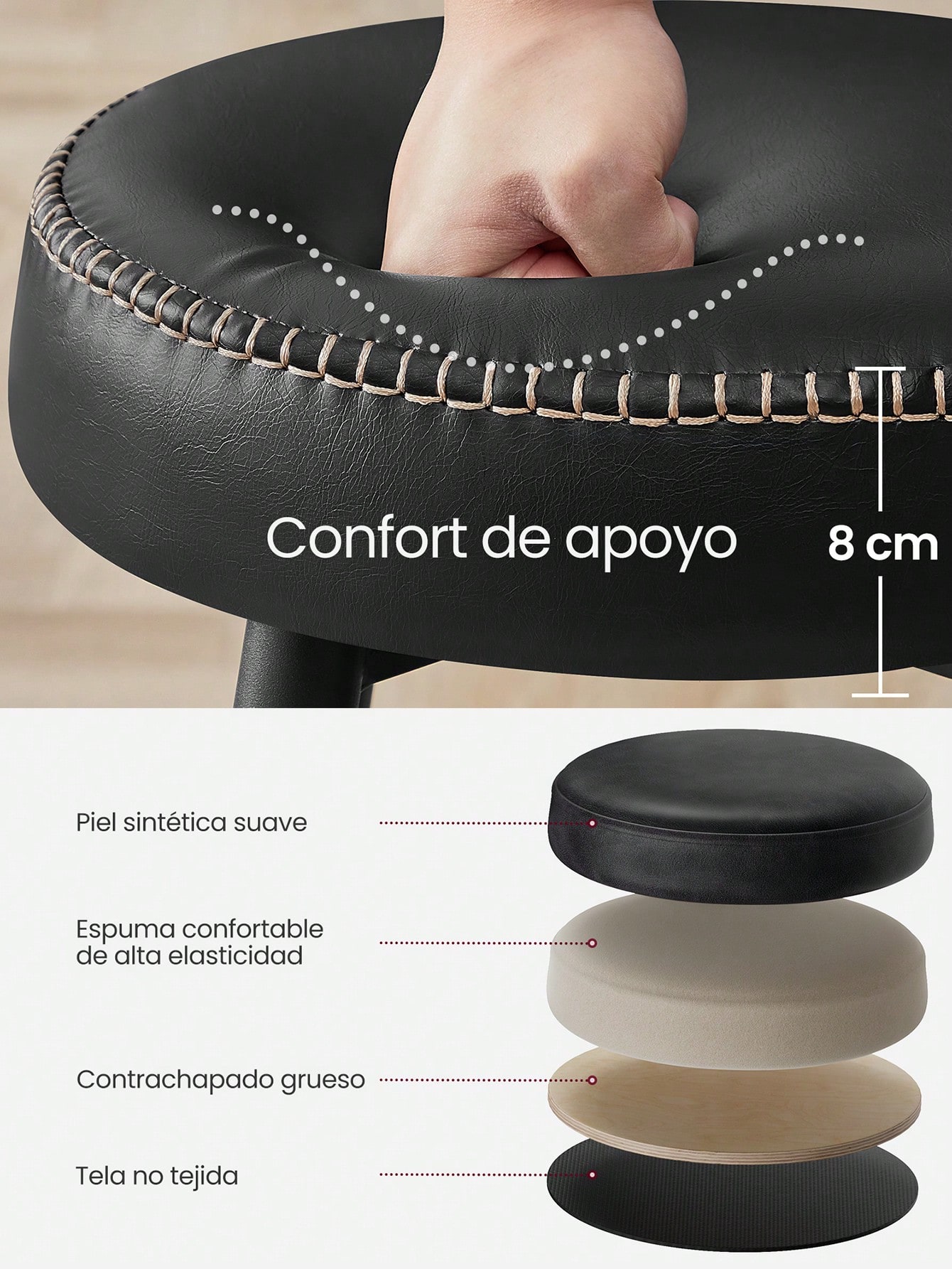 VASAGLE EKHO Colección - Juego de 2 Taburetes de Bar, Taburetes de Cocina, Taburetes de Desayuno, Cuero Sintético con Costuras, 76,2 cm de Alto, Silla Comedor, Fácil Montaje, Negro Tinta/Verde Bosque/Marrón Caramelo