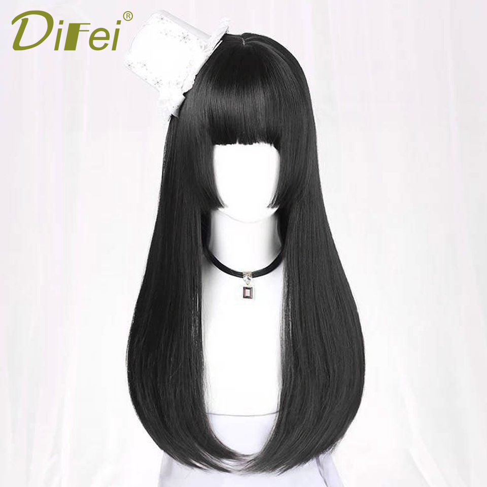 ธรรมชาติยาวตรงวิกผมสังเคราะห์สีดํากับ Bangs Lolita COSPLAY ผมวิกผมผู้หญิงความร้อนทน Daily PARTY วิกผม Fem