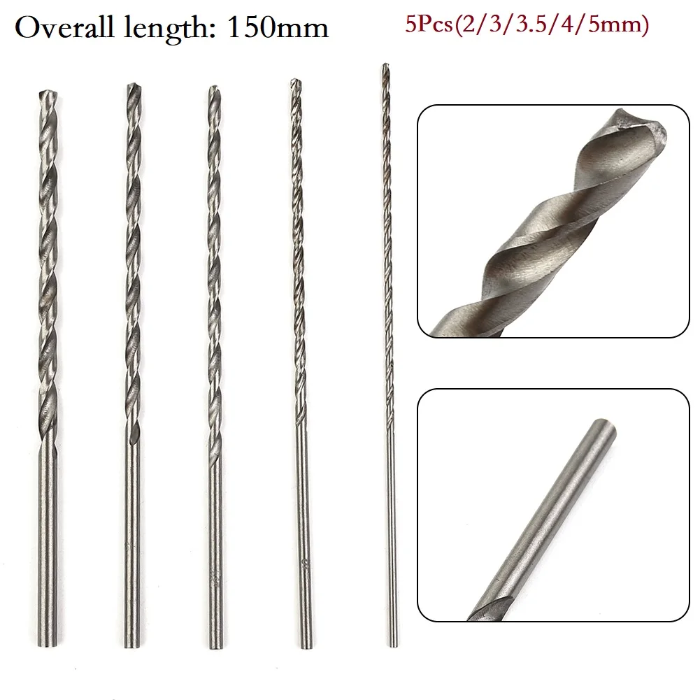 Juego de brocas de acero de alta velocidad HSS Extra largas, 5 uds., 150mm, 2mm/3mm,3,5mm,4mm,5mm, brocas para madera, aluminio, plástico