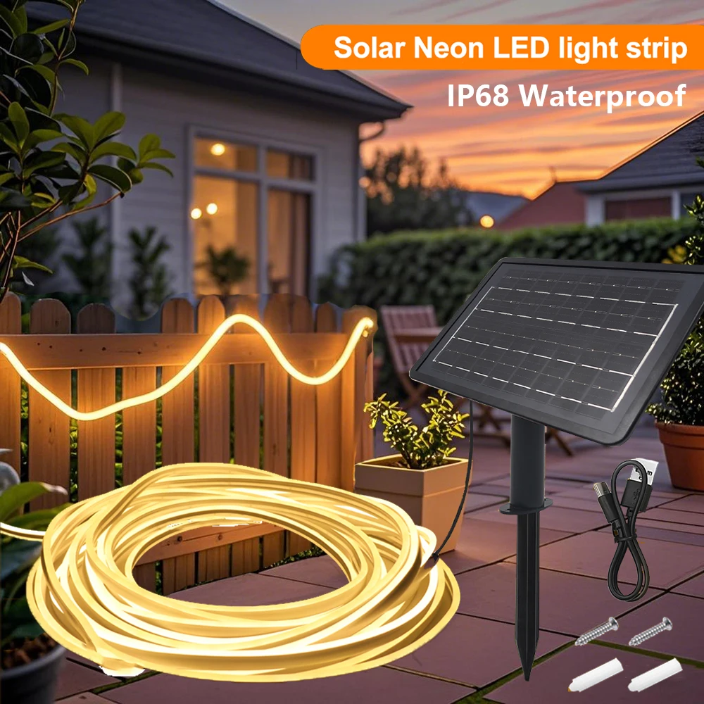 24V Solar Neon Light Strip Waterproof 8 Modes 120LEDs/m Flexible Lamp IP68 High Density Party Garden Outdoor Lighting Warm White