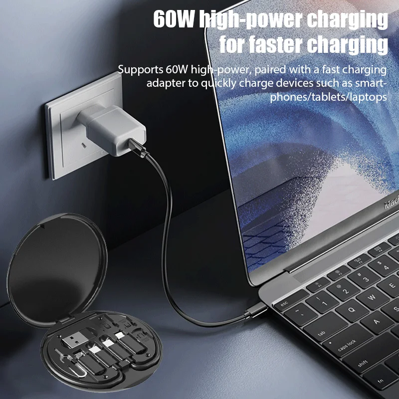 Mini caixa de armazenamento de gadgets digitais multifuncional 5 em 1 cabo de dados do telefone móvel 60w cabo de carregamento rápido caso de armazenamento suporte do telefone