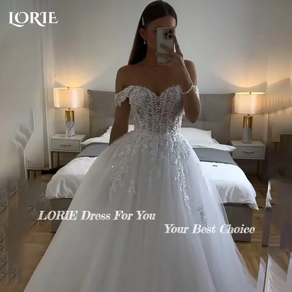 LORIE 빈티지 반짝이 레이스 웨딩 원피스, A 라인 샤이니 오프 숄더, 연인 신부 가운, 반짝이는 공주 신부 가운, 맞춤형
