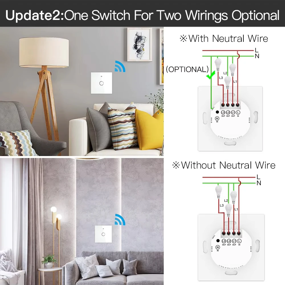 ZigBee Wall Touch Smart Switch, 1/2/3/4 gang, No-Neutral/Wire LED light control Wall Button, smart voice with Alexa Google Home