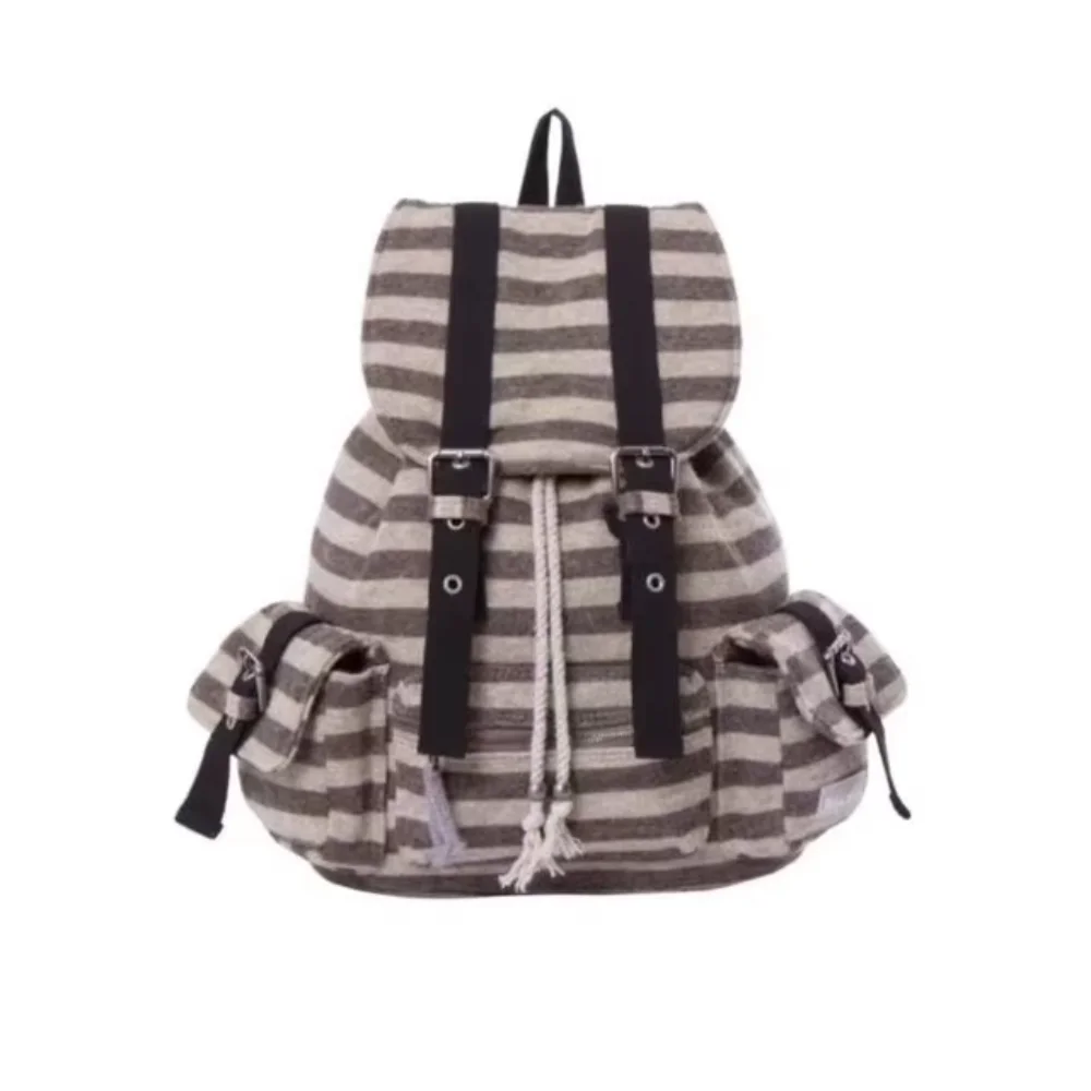 High Quality Korean Style Backpacks Drawstring Design Flat Stripe Bookbags Large Capacity Soft Tote Bags Unisex