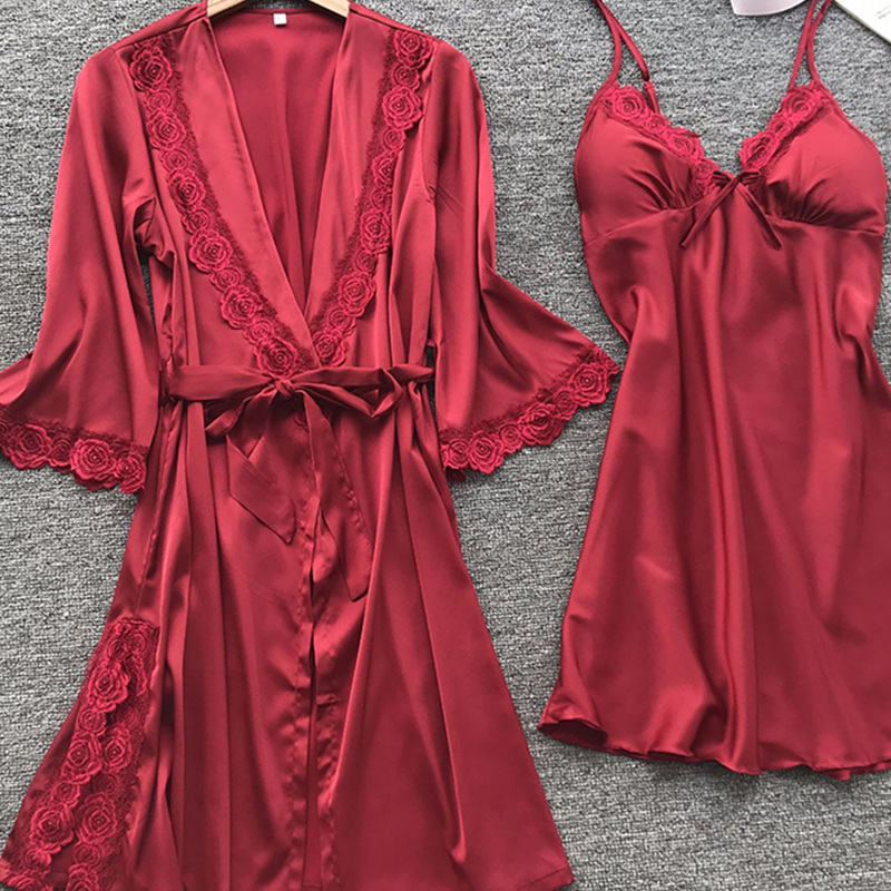 2 Stuks Leepwear Dames Pyjama Set Satijnen Thuis Pyjamama Kanten Gewaad Pak V-Hals Bruiloft Nachtkleding Nighty & Rob