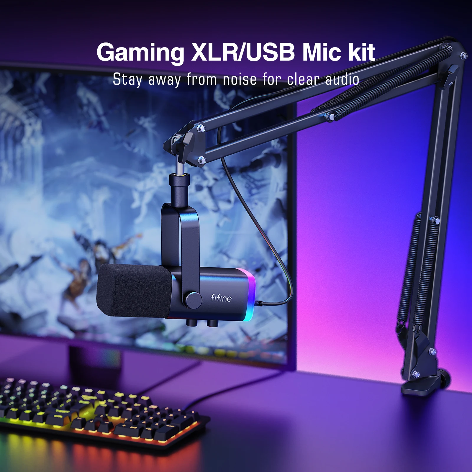 Zestaw mikrofonu gamingowego FIFINE XLR/USB z gniazdem słuchawkowym/wyciszaniem/RGB/stojakiem, zestaw mikrofonu dynamicznego do miksera PC PS5/4 AmpliGame AM8T