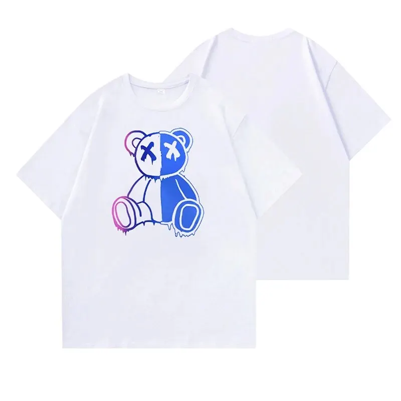 2024 Summer Fashion Cartoon Bear Print Mens Tshirt New Solid Color O-Neck T-Shirt Street Hip-Hop Tops Classic Casual Tees