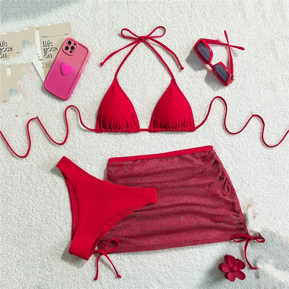 Solide marron maillots de bain String licou Triangle 3 pièces Bikini ensemble Sexy maillot de bain femmes 2025 maille jupes maillot de bain Bikinis Dames