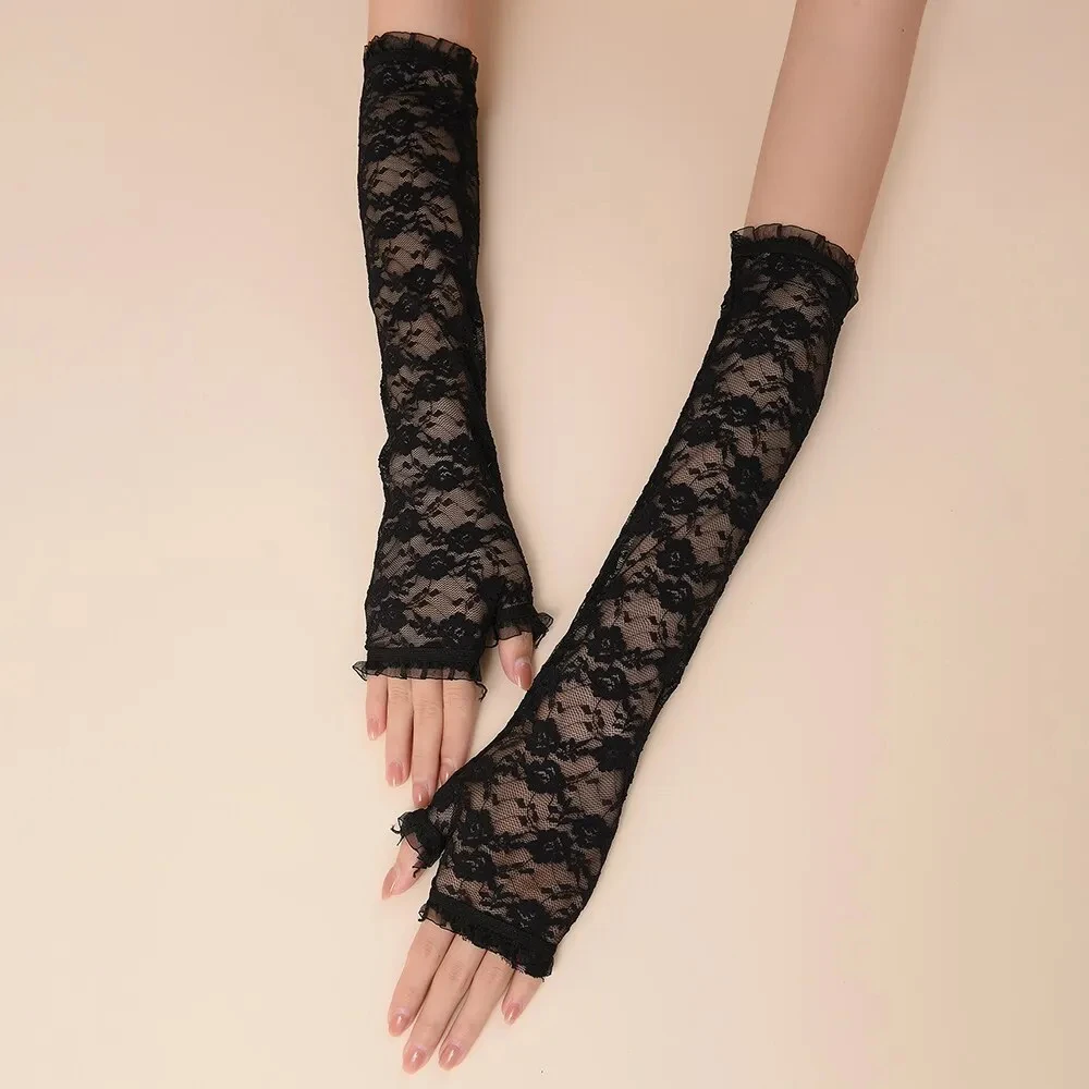 Verão feminino mangas longas rendas protetor solar motorista meio dedo resistente a uv rendas sexy luvas de noite