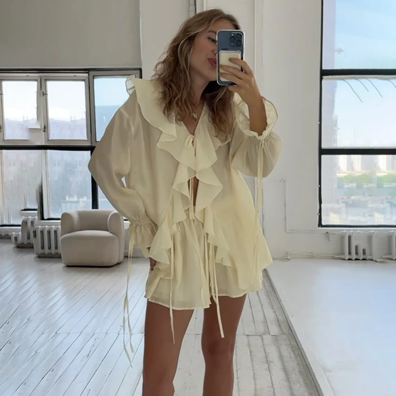 Tornova Women's Ruffled Shorts Sets V Neck Loose Lace Up Shirt Loose Through Sexy Casual Shorts Female Spring New Matching Sets