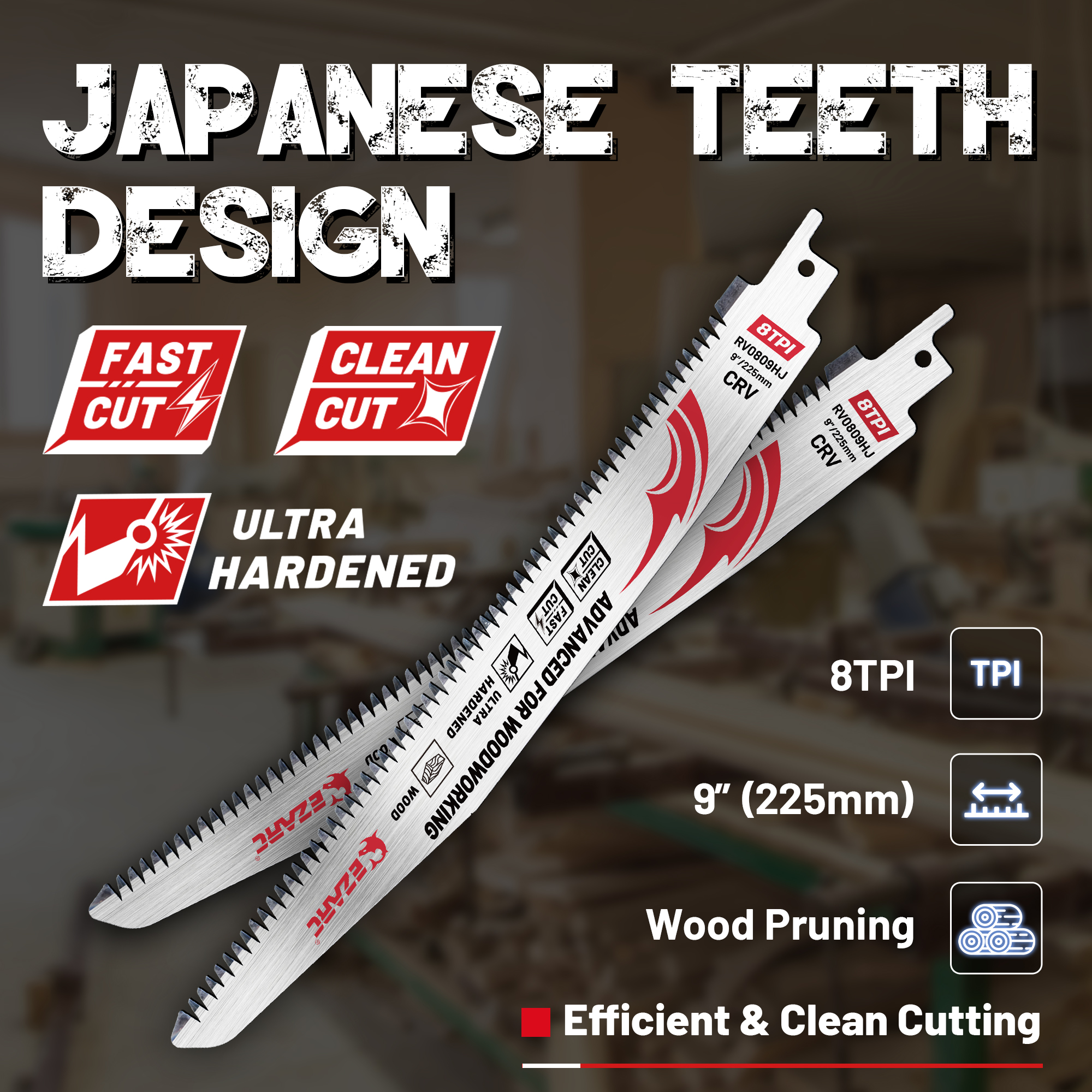 EZARC Reciprocating Saw Blades 9 Inch Japanese Teeth Design Tri-Edged Fleam Ground Teeth 8TPI Multi Tool Blades for Woodwork 5PC