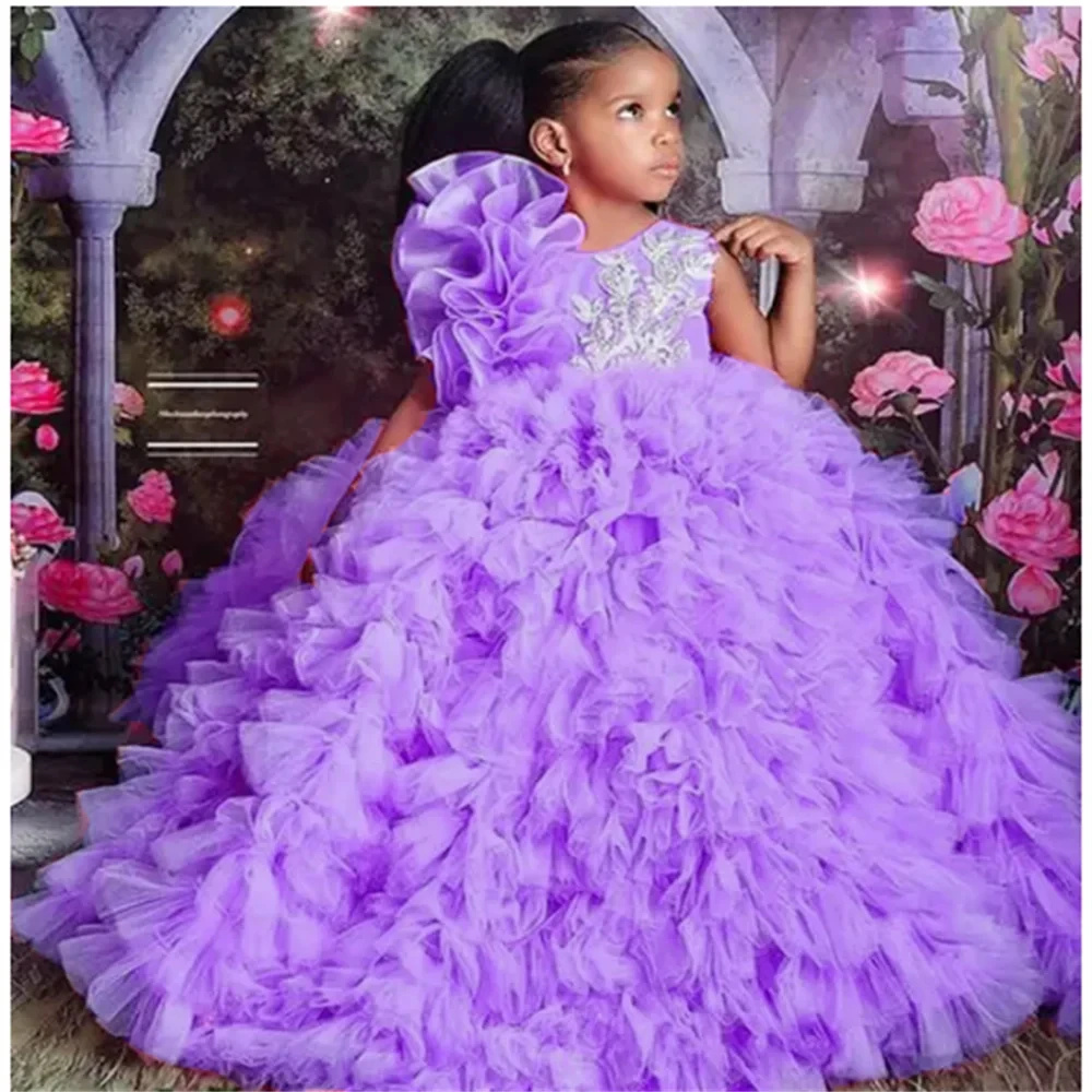 Vestido de flores para niña, para boda, tul morado de lujo, apliques hinchados, desfile de Organza para niña pequeña, vestido de primera comunión de princesa