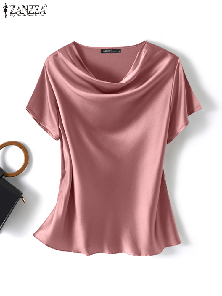 ZANZEA Sommer Mode Satin Bluse Frauen Kurzarm Solide Hemd Weibliche Casual OL Arbeit Tunika Tops Elegante Lose Blsuas Oversize