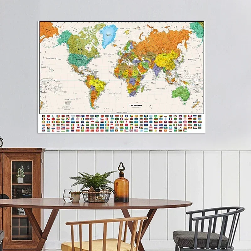 Mapa del mundo de 150x100cm, cuadro decorativo colgante, pintura, póster artístico de pared, tela no tejida, suministros educativos para niños