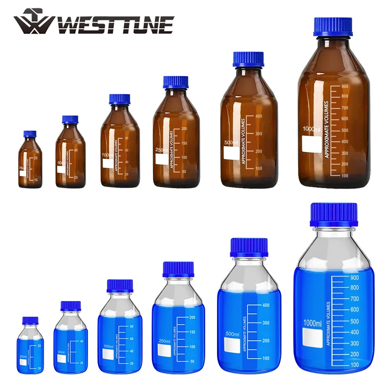 WESTTUNE 1 Pz 25-1000 ml Lab Marrone/Trasparente Bottiglia di reagente rotonda graduata Bottiglie di stoccaggio multimediale in vetro con tappi a vite GL45 blu