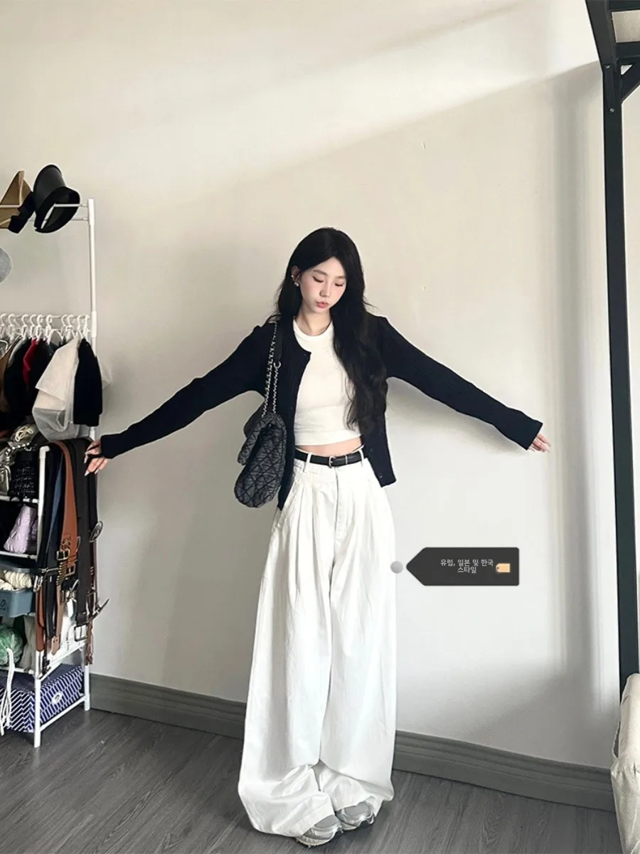 하이웨이스트 청바지 하이웨이스트 하이웨이스트 하이웨이스트 하얀색 와이드 레그 바닥에 닿는 여성용 청바지 데님 팬츠 청바지