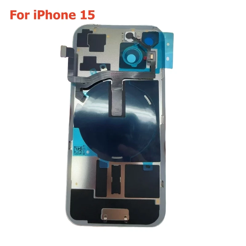 Para iPhone 15 Pro Max 15 Plus cubierta trasera de cristal carcasa de puerta trasera con Cable flexible inalámbrico reemplazo de placa de Metal