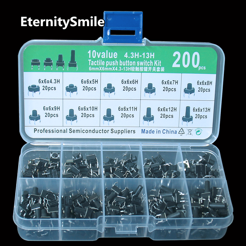200 Teile/schachtel Tactile Push Button Switch Kit Touch 6*6*4.3/5/6/7/8/9/10/11/12/13 MM Taste 4 Pin DIP Key Micro Schalter Sets