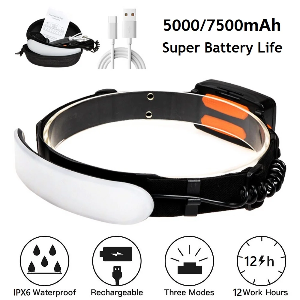 7500 mAh 220 °   Stirnlampe Tragbarer COB-LED-Scheinwerfer mit eingebauter Batterie Taschenlampe USB wiederaufladbarer wasserdichter Stirnlampe für den Außenbereich