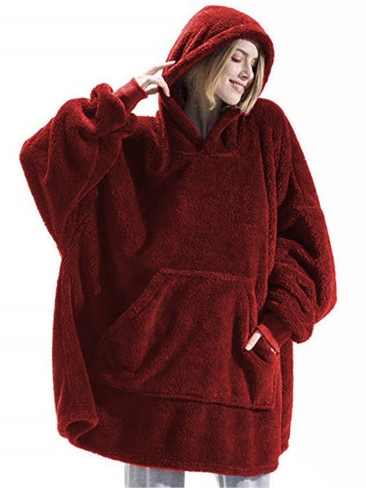Pijamas con capucha de manga larga y bolsillos para mujer, moda Otoño Invierno, Color sólido, ropa holgada de terciopelo de doble cara para el hogar