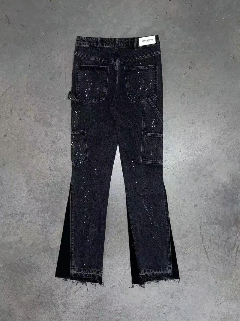 American retro design sense furred edge micro flared jeans men Y2k dark pants new low waist splicing elastic floor length pants