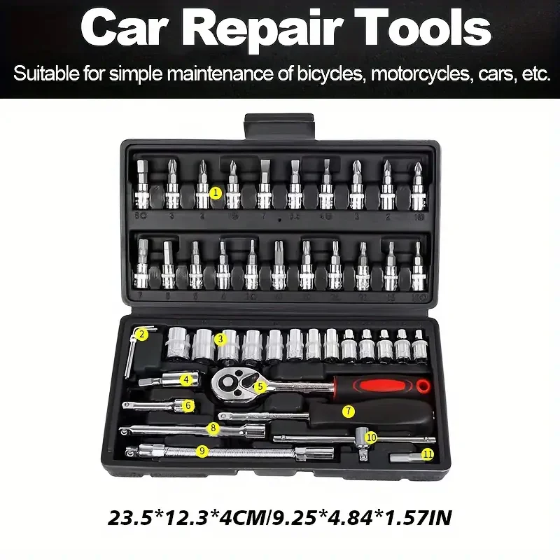 Hi you: 46 piece car repair tool kit: ratchet torque wrench, wrench, screwdriver, socket set combination - perfect for bicycle a
