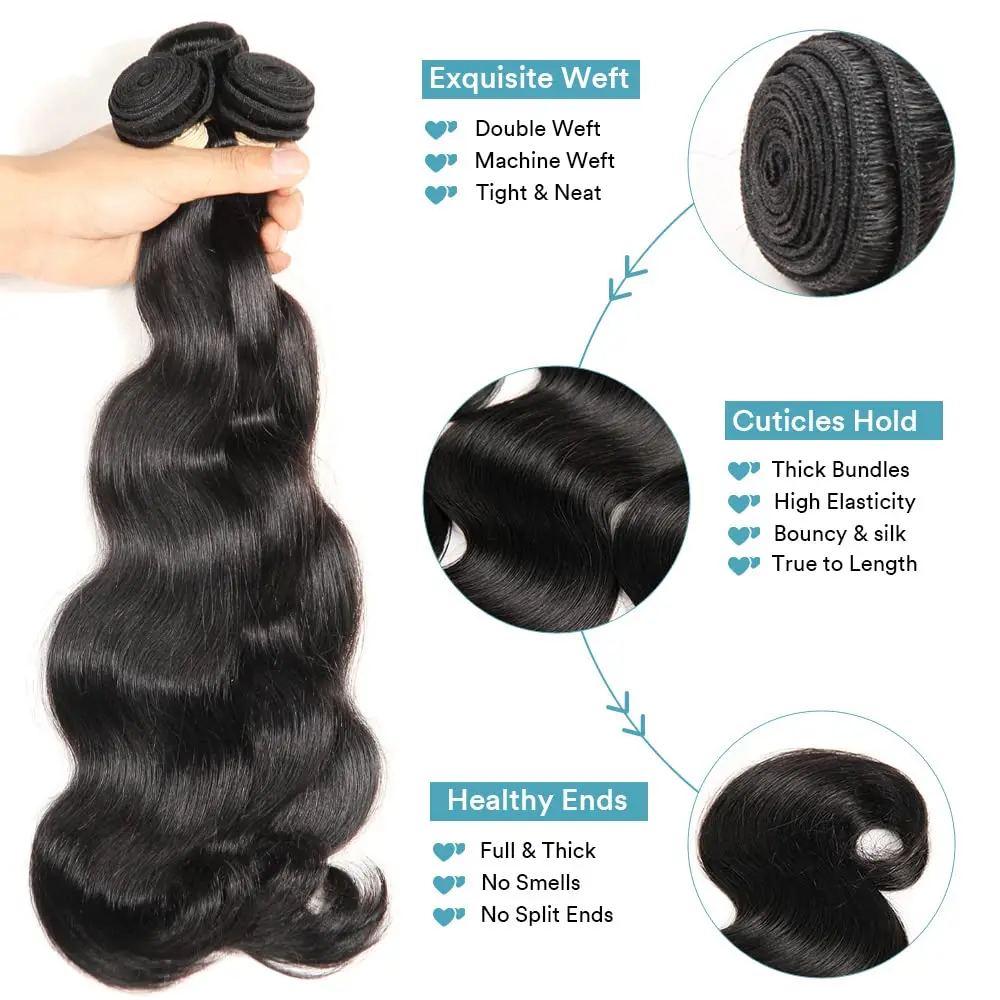 Cabelo Humano Brasileiro Da Onda Do Corpo com Frontal, Extensões De Cabelo Real, Laço Transparente 13x4, 100% Natural, 3 Pacotes