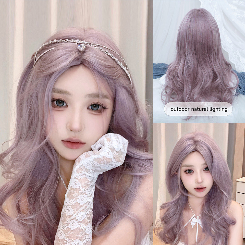 Peruca de cabelo ondulado médio sintético para mulheres, parte média, resistente ao calor, natural, cinza, cor roxa, cosplay, festa, 24"